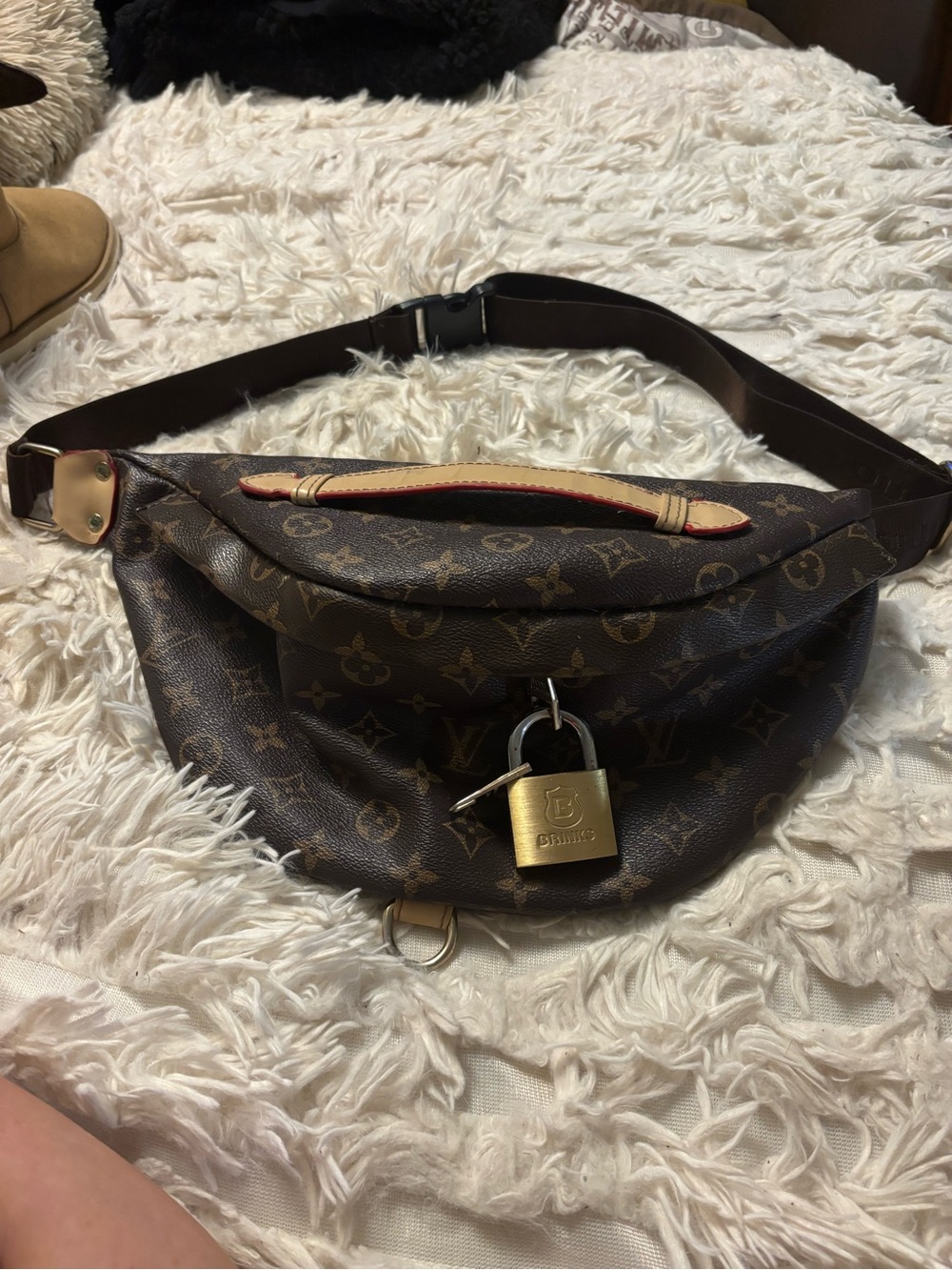 Louis Vuitton Brown Monogram Crossbody Belt Bag with Gold Padlock